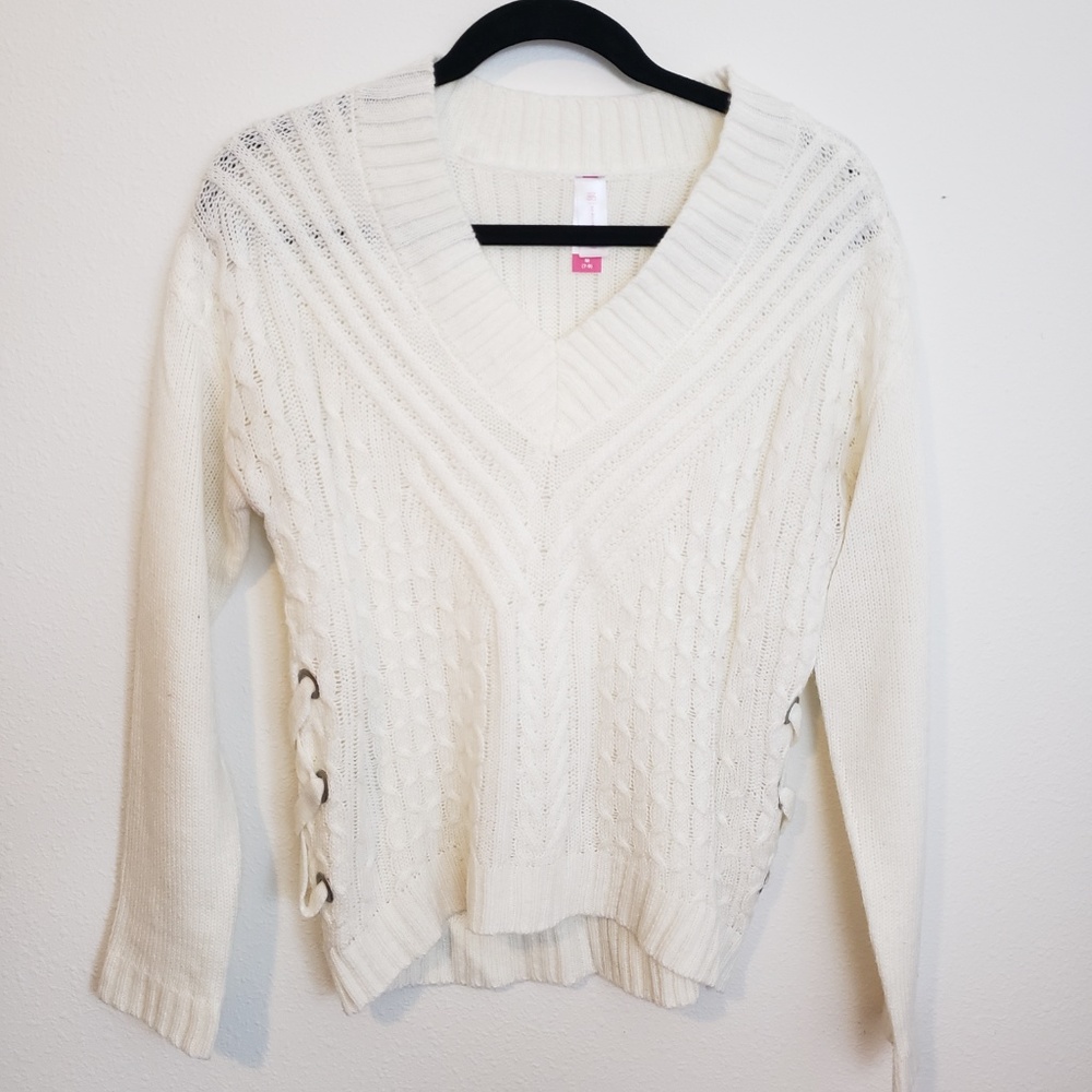 No Boundaries Off White Lace up Sweater